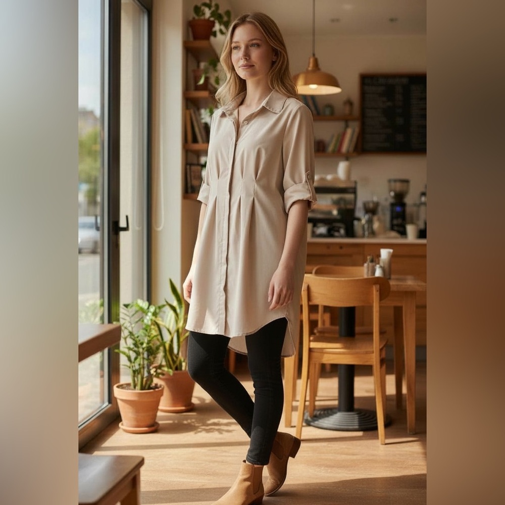 Women's Pin tuck Cream Button Down Tunic